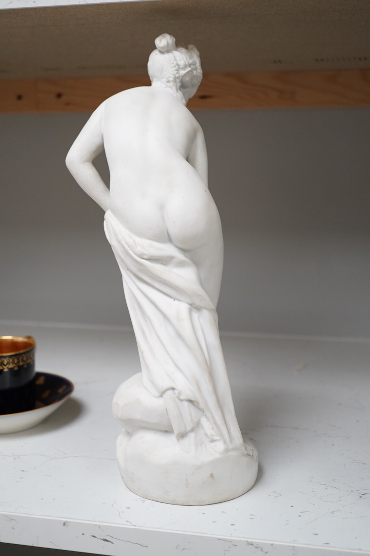 After Allegrin - a French bisque classical semi-nude female, 31.5cm high